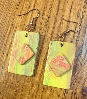 Handcrafted Green and Pink Rectangular Drop Earrings Yellow thumbnail 1