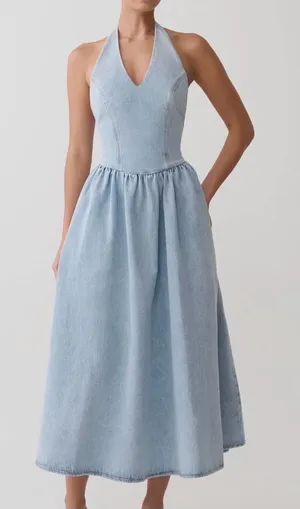 NWT MESHKI miller Light Blue Halter Midi Dress denim wash size XL thumbnail 1