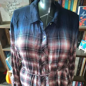 White Crow pink & blue plaid dipped button down L shirt dress thumbnail 2