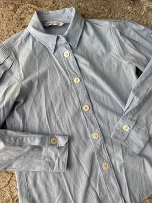 Women’s Zara blue balloon sleeve button down cotton blend blouse shirt thumbnail 2
