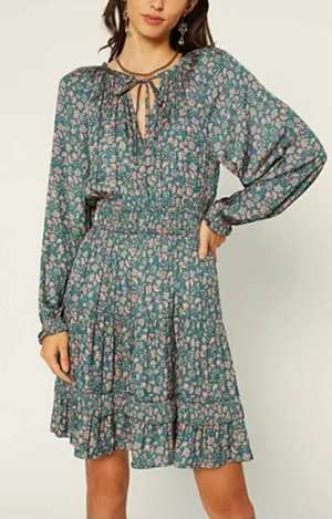 Anthropologie Current Air Tiered Green and Pink Floral Mini Dress Sz. S thumbnail 1