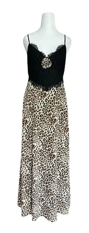 WAYF Leopard Print‎ Lace Trim Maxi Slip Dress Chemise Rosette Women's Size M thumbnail 1