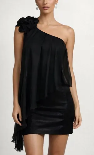 Cache One-Shoulder Black Cocktail Dress with Floral Shoulder Detail thumbnail 1