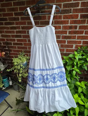 White and Blue Cotton Embroidered Maxi Dress Medium thumbnail 5