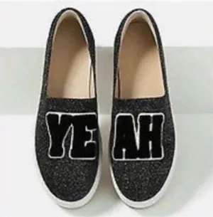 Zara 9 Sneakers YEAH Slip On Black Metallic Platform Canvas Casual Varsity Shoes thumbnail 1