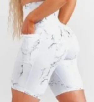Buffbunny‎ Collection Shorts Womens M White Marble High Waist Pocket Biker Gym thumbnail 1