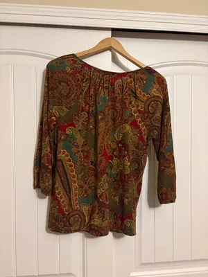 Lauren Ralph Lauren Paisley Blouse Medium Long Sleeve Keyhole Front 100% Cotton thumbnail 3