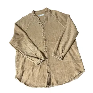 We The Free Boho Gauze Button Down Shirt Womens Medium Tan Raw Hem Oversized Top thumbnail 1