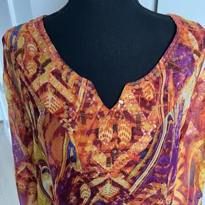 Chicos Blouse Womens Size 2 Large Multicolor Silk Sheer Beaded Tunic Top Boho thumbnail 5