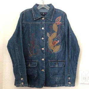 Unique 2000s Y2K Navy blue Embroidered jean denim fitted jacket floral leaf design #boho #hippie #indie #western Excellent condition, measurements in pics 100% cotton thumbnail 4
