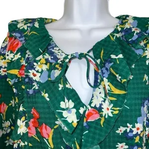 LOFT Green Floral Bouquet ‎ Ruffle Trim Tie Neck Blouse L/S NWOT Size Small thumbnail 3