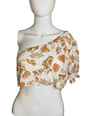 Petal & Pup One-Shoulder Floral Crop Top in Cream and Orange thumbnail 1