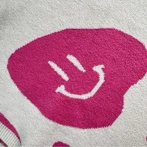 Moon & Madison Y2K Sweater Ivory with Pink Smiley Faces Oversized Soft Cozy XL thumbnail 3