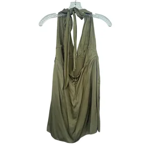 Zara Olive Green Satin Halter Mini Dress Ruched Open Back Cocktail Size Medium thumbnail 2