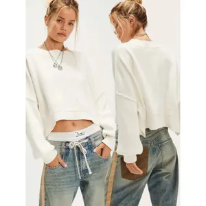 Free People Easy Street Crop Pullover Sweater in White Size Large Preppy Fall thumbnail 3