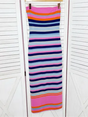 Vici Striped Knit Strapless Sheath Bodycon Midi Dress Pink Blue Size Medium thumbnail 7