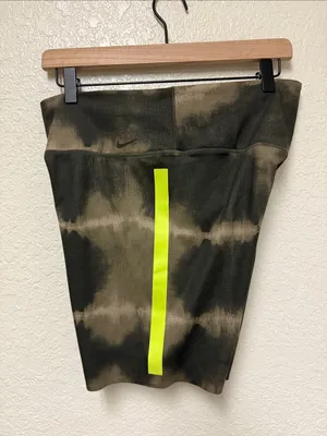 NIKE One Luxe 7” Olive Tie-Dye Bike Shorts Neon Yellow Side Stripes Size Large thumbnail 5