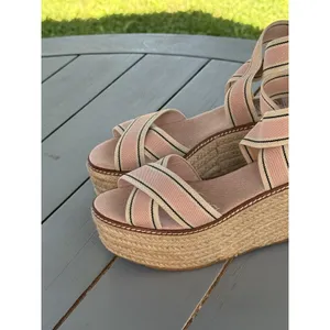 Tory Burch Pink Beige Striped Strappy Wedge Platform Slip-On Sandals Size 7M thumbnail 9