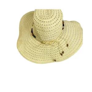 STRAW BIG RIM HAT W/ BEADS Beige‎ Tan Summer Beach Boho thumbnail 3