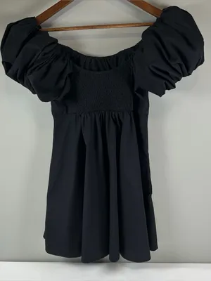 Abercrombie & Fitch Black Ruched Puff Sleeve Mini Dress Women's Size Medium thumbnail 2