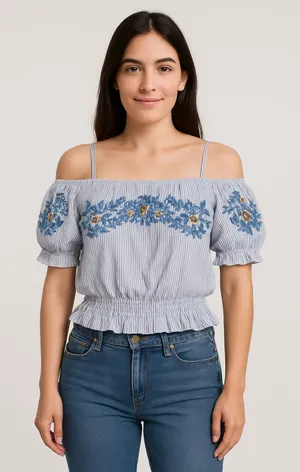 American Eagle Outfitters Blue Embroidered Crop Top Peasant off shoulder sz‎ L thumbnail 1
