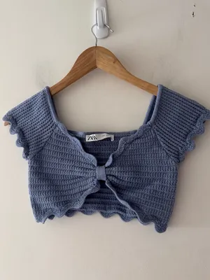 Zara Blue Scalloped Crochet Knit Bow Crop Top thumbnail 2