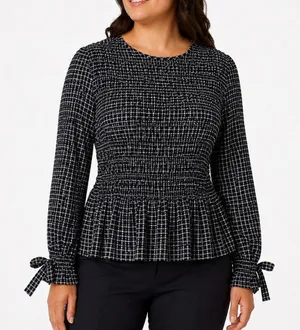 Tommy Hilfiger Womens Navy White Plaid Smocked Peplum Blouse Size L Tie Cuff Top thumbnail 1