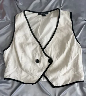 Tulle White Textured Sleeveless Wrap Vest with Black Trim thumbnail 1