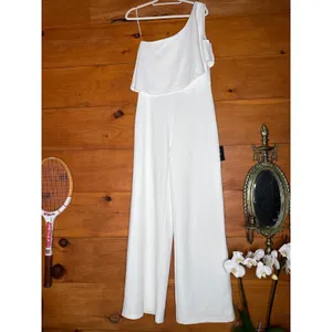 NWT Lulus Flawless Vibes White One-Shoulder Tiered Wide-Leg Jumpsuit Elegant L thumbnail 2