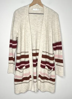 Retrology Open Cardigan M Long Colorful Gold Tan Pink Cozy Fall Knit Boho City thumbnail 1