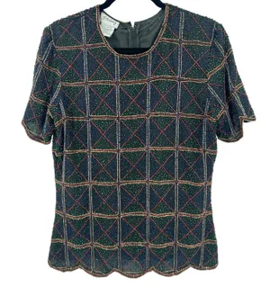 VTG Stenay Silk‎ Holiday Beaded Blouse Short Sleeve Embellished Women's Top L thumbnail 1