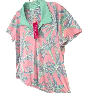 Ana Clare Active Mer Top Pink Paradise Palm Print UPF 50 Golf Polo Shirt‎ Size L thumbnail 3