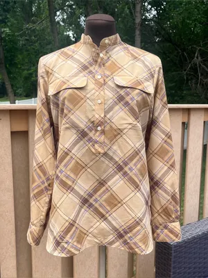 Lauren Ralph Lauren Women’s Beige Lilac Plaid Long Sleeve Mock Neck Blouse Sz S thumbnail 1