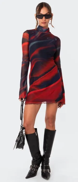 Edikted Sparks Fly Mesh Mini Dress Red Black Swirl Slit Bell Sleeve Medium New thumbnail 1