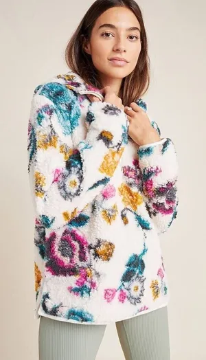ANTHROPOLOGIE Rosemarie Hooded Sherpa Jacket Teddy Sweater Floral XS thumbnail 1