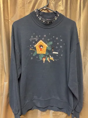 VTG Top Stitch 90s Blue Snow Birdhouse Sweatshirt Large Double Collar USA Made thumbnail 1