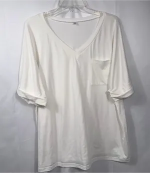 Womens XL White V Neck Pocket Tee Rolled Sleeve Stretch Casual Oversized Top thumbnail 1