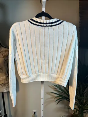 N189. Wynter Cable Knit V-Neck CropSweater with Contrast Stripe thumbnail 3