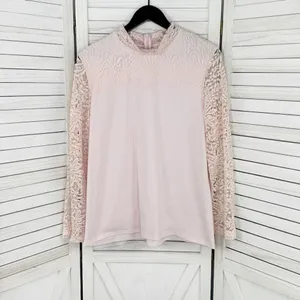 Bedford Fair Lace Sleeve Mock Neck‎ Shirt Pink Large Tee Coquette Victorian Soft thumbnail 8