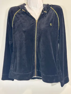 Lauren Ralph Lauren Velvet Zip Up Hoodie Jacket‎ Black Gold RL Logo Women XL thumbnail 1