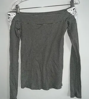 Hollister Black and White Striped Lace Shoulder Top thumbnail 1