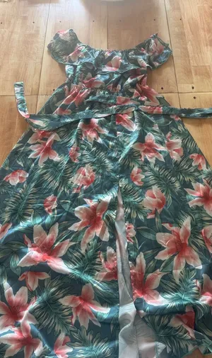 SHEIN Tropical Floral Off Shoulder Maxi Dress Large Green Pink Palm Slit‎ Boho thumbnail 1