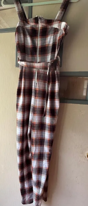Almost Famous Brown & White Plaid Belted Jumpsuit thumbnail 1
