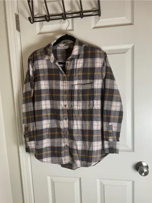 Aerie Flannel Plaid Button Down Shirt Pocket Charcoal Pink Yellow XS thumbnail 2