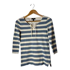 Lauren Ralph Lauren Top Women XS Blue White Lace Up Striped Knit Preppy Coastal thumbnail 2