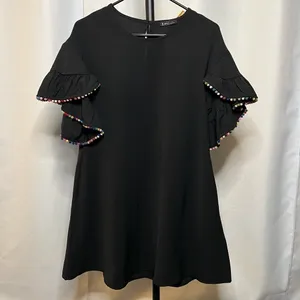 Very J Black Shift Dress with Rainbow Pom Pom Ruffle Sleeves Small thumbnail 11