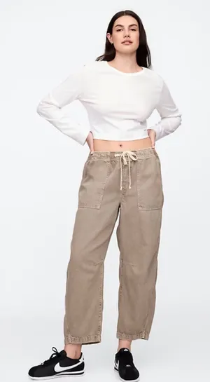 GAP Denim Pull-On Barrel Jeans Tan Khaki High Rise‎ Curved Leg Womens L Long thumbnail 1