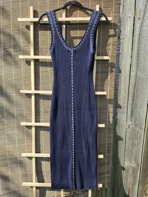 House of Harlow Knit Navy Blue Sleeveless Midi Dress with Contrast Stitching M thumbnail 9