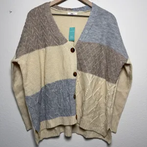 NEW Maurices Women Patchwork Cable Knit Cardigan Medium Cream Blue Tan Button Up thumbnail 2