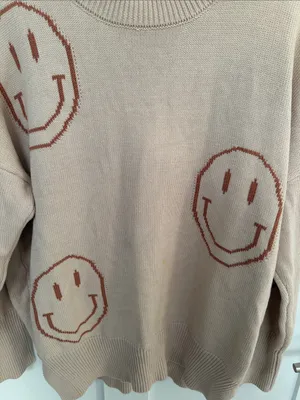 Neutral Beige Smiley Crewneck Sweater Tan Size M thumbnail 5